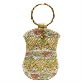 -,BEIGE, IVORY, GOLD & GREEN BEADS WITH RING HANDLE MOBILE BAG. 5" WIDE, 7" LONG                                                            