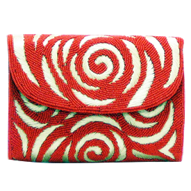 -,RED BEADS & GOLD EMBROIDERY CLUTCH WITH OPTIONAL CHAIN STRAP. 7" WIDE                                                                     