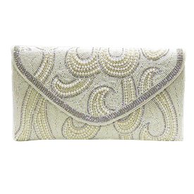 -,IVORY BEADS & CLEAR STONES CLUTCH WITH OPTIONAL STRAP. 9.5" LONG, 5" TALL                                                                 