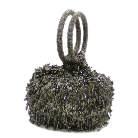 -,SILVER METALLIC BEADS BAG WITH RING HANDLES. 9.5" LONG, 7" WIDE                                                                           