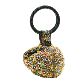 -,MULTICOLOR BEADS BAG WITH RING HANDLE. 9.5" LONG, 7" WIDE                                                                                 