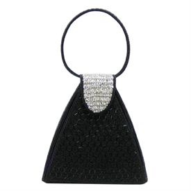 -,BLACK BEADED EVENING BAG WITH CLEAR RHINESTONES. 7" TALL, 4.5" WIDE.                                                                      