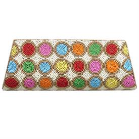 -,MULTICOLORED BEADED CLUTCH EVENING BAG WITH OPTIONAL GOLD CHAIN SHOULDER STRAP. 10.5" LONG, 4" TALL, 2" WIDE                              