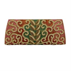 -,PINK, RED, TURQUOISE & MULTICOLOR BEAD CLUTCH HANDBAG WITH OPTIONAL GOLD CHAIN SHOULDER STRAP. 11" LONG, 4.5" TALL, 2.5" WIDE             