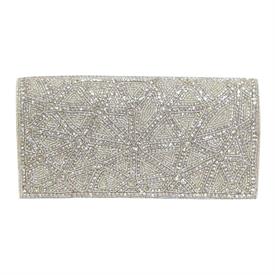 -,CLEAR & SILVER BEADED EVENING BAG/WALLET CLUTCH WITH OPTIONAL SILVER CHAIN SHOULDER STRAP. 8.5" LONG, 2" WIDE, 4.5" TALL                  