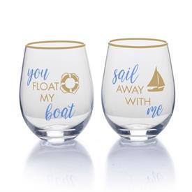 -'YOU FLOAT MY BOAT, SAIL AWAY WITH ME' STEMLESS WINE GLASS PAIR                                                                            