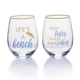 -'LIFE'S A BEACH, HIGH TIDES GOOD VIBES' STEMLESS WINE GLASS PAIR                                                                           