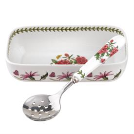 -8" CRANBERRY DISH WITH SLOTTED SPOON (RHODODENDRON). 8" LONG, 4.25" WIDE. MSRP $42.00                                                      