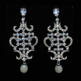 _,CLEAR CZ ORIENTAL SHAPED DANGLE EARRINGS WITH FAUX PEARL DROPS & POST BACKS. 2" LONG, .8" WIDE                                            