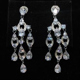 _,CLEAR CZ THREE DANGLE POST BACK EARRINGS. 2.25" LONG, .75" WIDE                                                                           