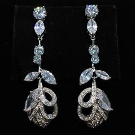 _,CLEAR CZ LONG LEAF DANGLE POST BACK EARRINGS. 2.35" LONG, .65" WIDE                                                                       