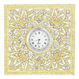 -,GOLD WINDSOR DESK CLOCK. GOLD FINISHED CAST PEWTER HAND-SET WITH EAUROPEAN CRYSTALS. QUARTZ MOVEMENT. 4" TALL, 1.75" DEEP                 