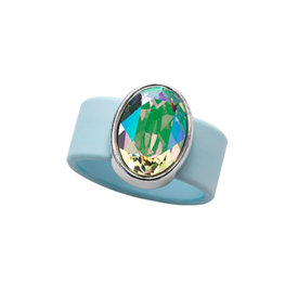 _,MEDIUM PARADISE SHINE CRYSTAL ON LIGHT BLUE RUBBER BAND RING. FITS APPROX. SIZE 8. APPROX. 8 CARAT SWAROVSKI CRYSTAL                      