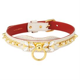 _,IVORY CROCODILE EMBOSSED CALFSKIN 'QUEEN' DOG COLLAR WITH GOLD PLATED BRASS & CRYSTALS. HANDMADE IN ITALY. FITS 15.25"-18" NECK           