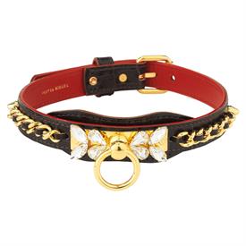 _,BLACK CROCODILE EMBOSSED CALFSKIN 'QUEEN' DOG COLLAR WITH GOLD PLATED BRASS & CRYSTALS. HANDMADE IN ITALY. FITS 15.25"-18" NECK           