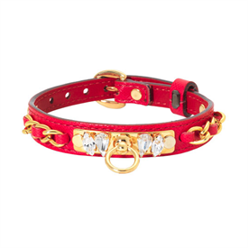 _,RED CALFSKIN 'MINI PRINCESS' DOG COLLAR WITH GOLD PLATED BRASS & CRYSTALS. HANDMADE IN ITALY. FITS 7.5"-10" NECK                          