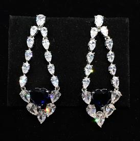 -,CLEAR & BLUE CZ HEART DANGLE POST BACK EARRINGS. 1.85" LONG, .7" WIDE                                                                     