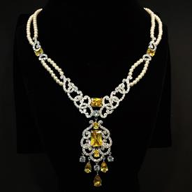 -,CITRINE YELLOW & CLEAR CZ WITH FAUX PEARLS DOUBLE STRAND NECKLACE WITH DROP. 17" LONG, 2.25" DROP                                         