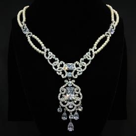 -,CLEAR CZ & FAUX PEARL DOUBLE STRAND NECKLACE. 17.5" NECKLACE WITH 3" DROP                                                                 