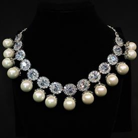 -,LARGE FAUX PEARL & CLEAR CZ NECKLACE. 17.75" NECKLACE. 1.2" LONG FROM TOP OF CZ TO BOTTOM OF PEARL                                        