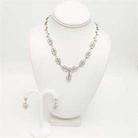 -,EMERALD GREEN & CLEAR CZ 'FLOWERS' NECKLACE & POST BACK EARRING SET. 17" NECKLACE WITH 1.75" DROP. 1.6" EARRINGS                          