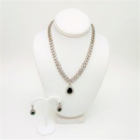 -,EMERALD GREEN & CLEAR CZ 'SWIRLS & STARS' CZ NECKLACE & POST BACK EARRING SET. 17" NECKLACE WITH 1.5" DROP. 1.9" EARRINGS                 