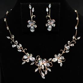 -,CLEAR CZ & ROSE GOLD TONE METAL FLORAL NECKLACE & POST BACK EARRING SET. 17.5" NECKLACE, 1.25" WIDE AT CENTER. 1.5" LONG EARRINGS         