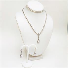 -,CLEAR CZ TEARDROPS & FLOWERS NECKLACE & EARRING SET. 17" LONG NECKLACE WITH 1.8" LONG DROP. 1.7" LONG, .5" WIDE EARRINGS                  