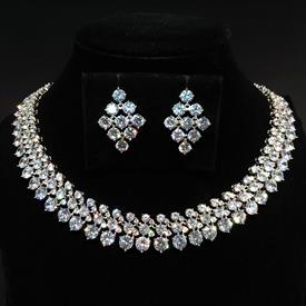 -,CLEAR ROUND CUT CZ NECKLACE & EARRING SET. 16.2" LONG, .65" WIDE NECKLACE. 1" LONG, .75" WIDE EARRINGS                                    