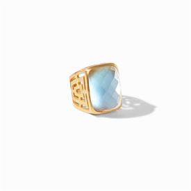 -,AZURE BLUE STATEMENT RING. ROSE CUT GLASS GEMSTONE ON MOTHER OF PEARL DOUBLET SUPPORTED BY A 24K GOLD PLATED LABYRINTHINE SHANK. SIZE 8/9 
