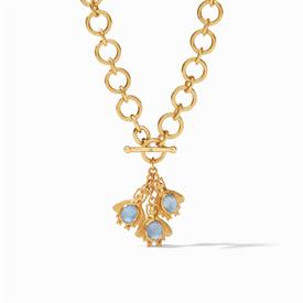 -,CHARM NECKLACE IN IRIDESCENT CHALCEDONY BLUE & CLEAR. 19" LONG 24K GOLD PLATED CHAIN WITH DOUBLE SIDED BEE CHARMS.                        