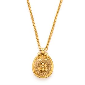 -,BEE PENDANT. WHIMSICAL BEE ATOP A PERFORATED HONEYCOMB. 24K GOLD PLATE. 1.75" PENDANT ON 36" CHAIN                                        