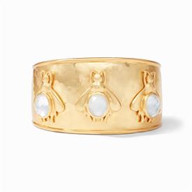 -,BEE CUFF IN IRIDESCENT CLEAR CRYSTAL. WHIMSICAL BEES SPARKLING WITH ROSE CUT GLASS GEMSTONES IN 24K GOLD PLATED CUFF. ONE SIZE            