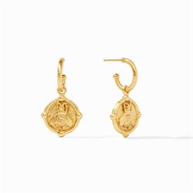 -,HOOP & CHARM EARRINGS. NATURE'S TINY WONDER IN HIGH RELIEF 24K GOLD PLATE WITH LIGHTLY HAMMERED SURROUND & HAMMERED HOOP. 1.25" LONG      