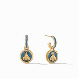 -,CAMEO HOOP & CHARM EARRINGS IN DENIM BLUE. 24K GOLD PLATE WITH ENAMELED DETAILS. REMOVABLE CHARMS. 1" LONG                                