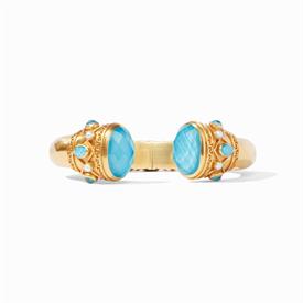 -,HINGE CUFF IN IRIDESCENT PACIFIC BLUE. ROSE CUT GLASS GEMS ON MOTHER OF PEARL DOUBLETS W/ FRESHWATER PEARLS ON 24K GOLD PLATED CUFF.      