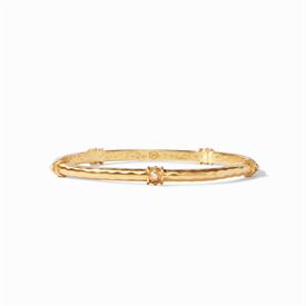 -,PEARL BANGLE. 24K GOLD PLATED BANGLE WITH 5 'BEAD IN DIAMOND' STATIONS SET WITH PEARLS. MEDIUM MEASURES 8" IN CIRCUMFERENCE.              