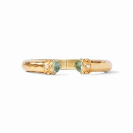 -,IRIDESCENT AQUAMARINE BLUE DEMI HINGE CUFF. ROSE CUT GLASS ENDCAPS & PEARLS ON 24K GOLD PLATED DIAMOND FINISHED CUFF. HINGED TO FILL ALL. 