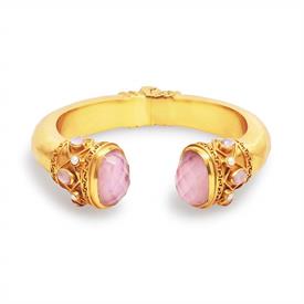-,IRIDESCENT ROSE HINGE CUFF. ROSE CUT GLASS GEMSTONES & FRESHWATER PEARLS SET IN PATTERNED 24K GOLD PLATE. HINGED TO FIT ALL WRISTS        