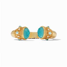 -,HINGE CUFF BANGLE IN IRIDESCENT BAHAMIAN BLUE. ROSE CUT GLAS GEM ENDCAPS WITH MOTHER OF PEARL DOUBLETS IN 24K GOLD PALTED BRACELET.       