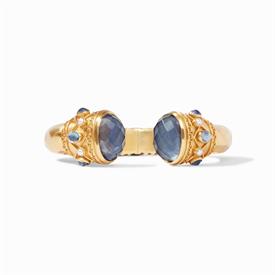 -,HINGE CUFF IN IRIDESCENT SLATE BLUE. ROSE CUT GLASS GEM ENDCAPS WITH MOTHER OF PEARL DOUBLETS IN 24K GOLD PLATED BRACELET. ONE SIZE       