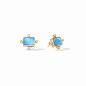 -,CLARA STUD IN IRIDESCENT BAHAMIAN BLUE. 24K GOLD PLATED STUDS SET WITH GLASS GEMS & CZ OVER A MOTHER OF PEARL DOUBLET. .5" LONG           