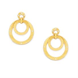 -_STATEMENT EARRINGS IN ZIRCON. LIGHTLY HAMMERED INTERLOCKING 24K GOLD PLATE CIRCLES WITH GEMSTONE ACCENTS. 2" LONG.                        