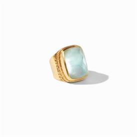 -,STATEMENT RING IN IRIDESCENT AQUAMARINE BLUE. FACETED GLASS GEMSTONE ON A MOTHER OF PEARL DOUBLET IN 24K GOLD PLATED SURROUND. SIZE 6/7   