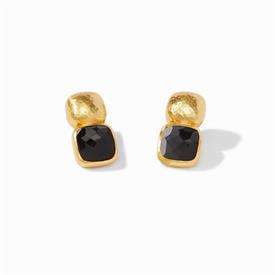-,CATALINA EARRINGS IN OBSIDIAN BLACK. CUSHION SHAPED ROSE CUT GLASS GEM TOPPED WITH 24K GOLD PLATED HAMMERED SQUARE. 1" LONG               
