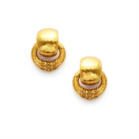 -,DOORKNOCKER EARRINGS. LIGHTLY HAMMERED 24K GOLD PLATE DECORATED WITH A BEAD IN DIAMOND MOTIF. 1"                                          