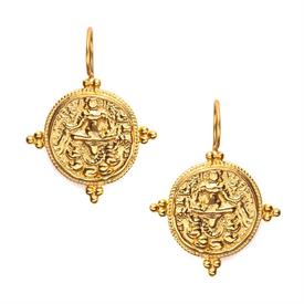 -,QUATRO COIN EARRING. CLASSIC HIGH RELIEF DROPS RICHLY TEXTURED & EDGED WITH TWISTS & TRFOILS OF BEADS IN 24K GOLD PLATE. 1.5"             