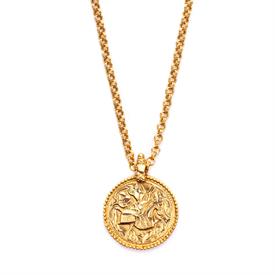 -,COIN PENDANT. RICHLY TEXTURED 1.5" 24K GOLD PLATED COIN FEATURING A KNIGHT ON HORSEBACK ON A FLORAL MOTIF BACKGROUND. 18.5" CHAIN         