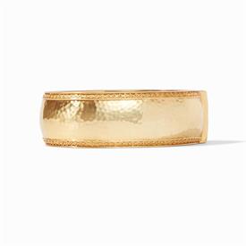 -GOLD CATALINA HINGED STATEMENT BANGLE. SHIMMERING 24K GOLD PLATED STATEMENT BANGLE IN A LIGHTLY HAMMERED FINISH W/ EDGED DETAILS. FITS ALL 