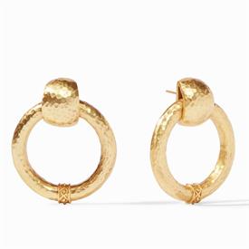 -,LARGE CATALINA DOORKNOCKER EARRINGS. 24K GOLD PLATED LIGHTLY HAMMERED STATEMENT EARRINGS WITH BEAD IN DOAMOND DETAILING. 1.75"            